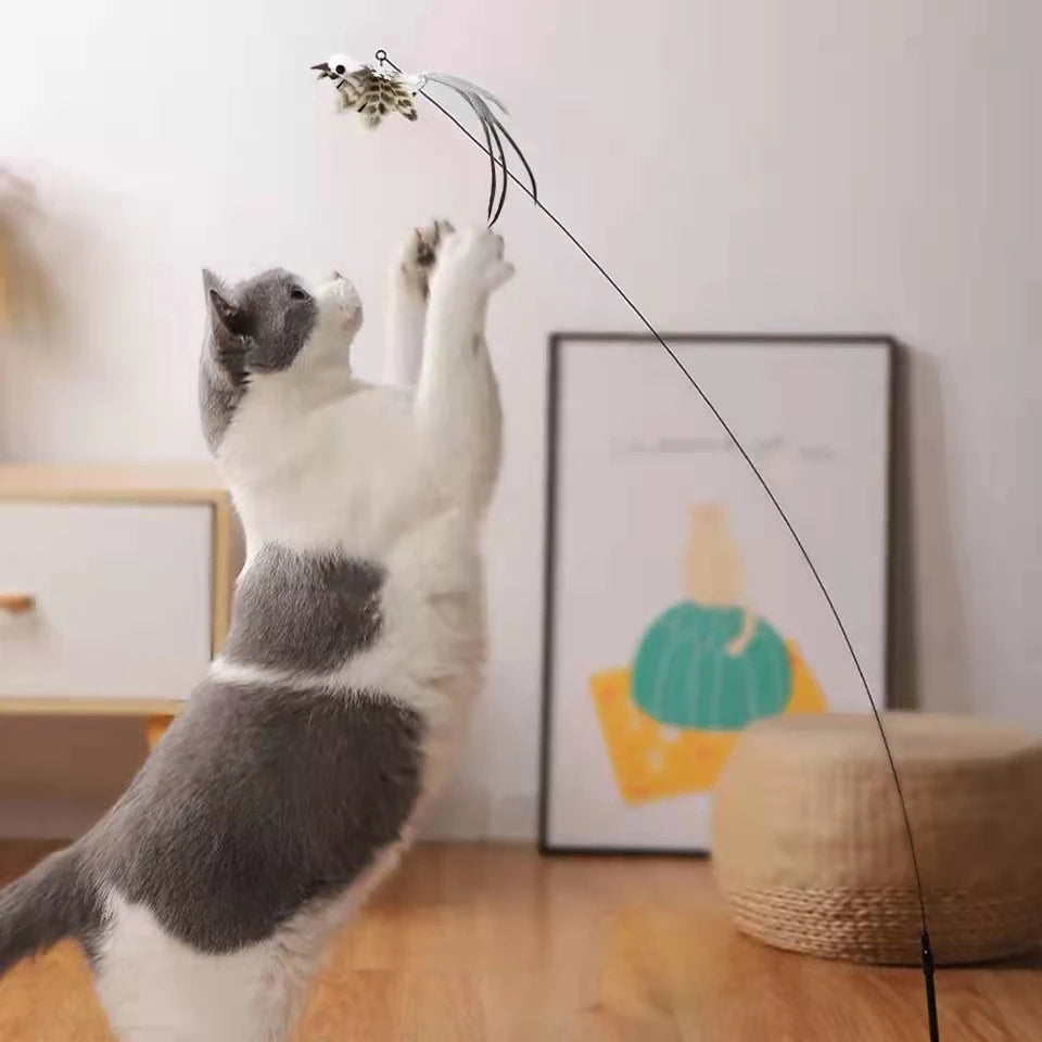 Feather Bird Cat Teaser Toy – Interactive Wand with Bell & Suction Base