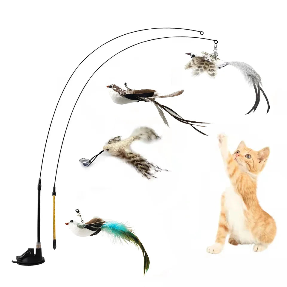 Feather Bird Cat Teaser Toy – Interactive Wand with Bell & Suction Base
