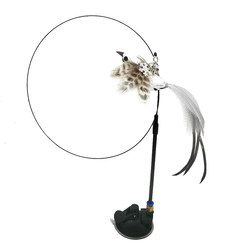 Feather Bird Cat Teaser Toy – Interactive Wand with Bell & Suction Base