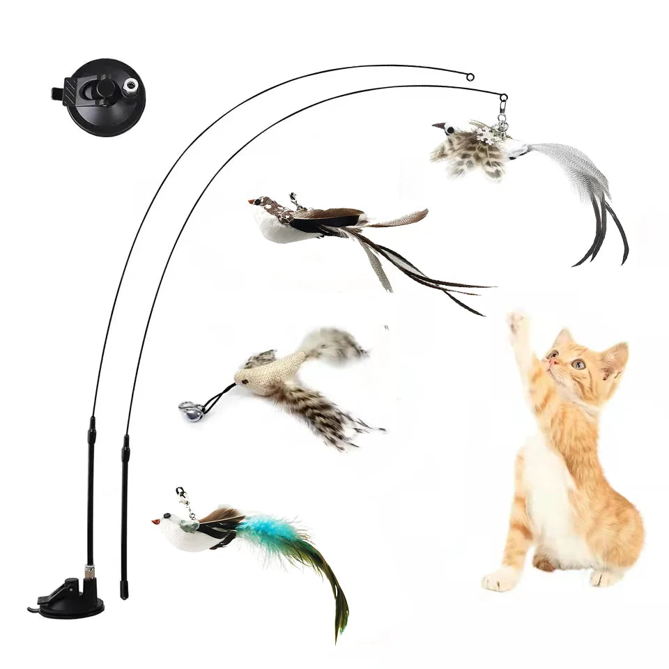 Feather Bird Cat Teaser Toy – Interactive Wand with Bell & Suction Base