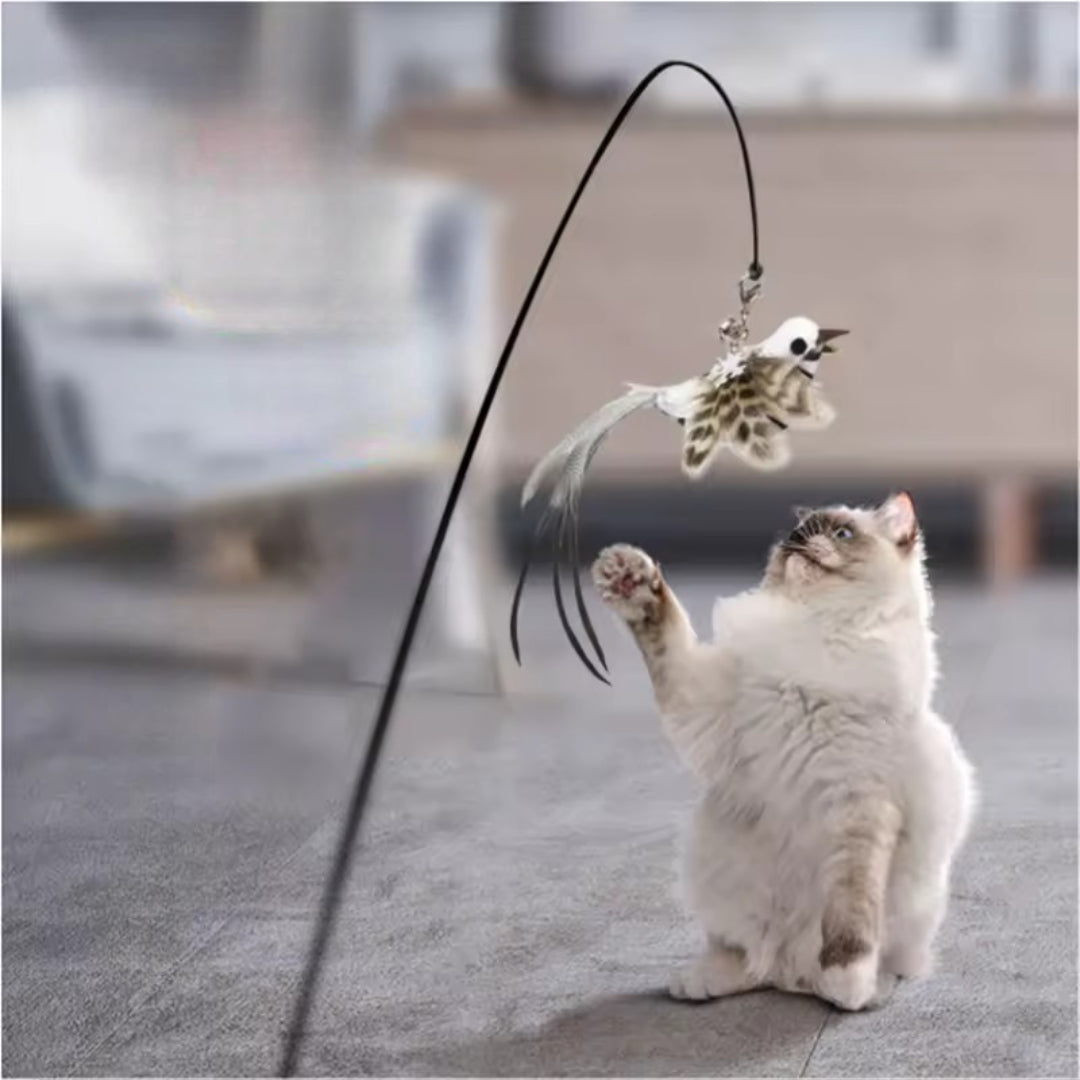 Feather Bird Cat Teaser Toy – Interactive Wand with Bell & Suction Base