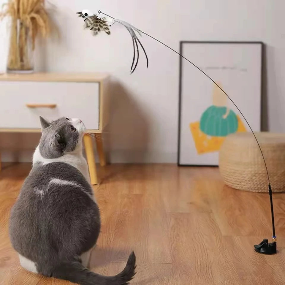Feather Bird Cat Teaser Toy – Interactive Wand with Bell & Suction Base