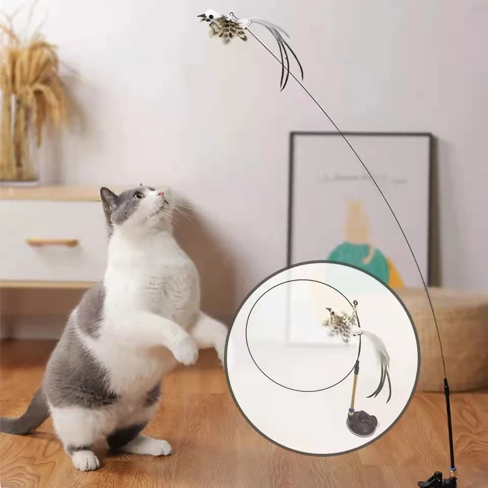 Feather Bird Cat Teaser Toy – Interactive Wand with Bell & Suction Base